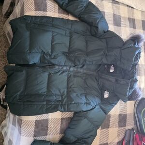The North Face Dark Green Quilted Puffer Coat with Faux Fur Trim